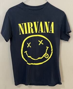 Nirvana Smiley Face T-Shirt Size Small Black Yellow 100%Cotton Licensed Band Tee